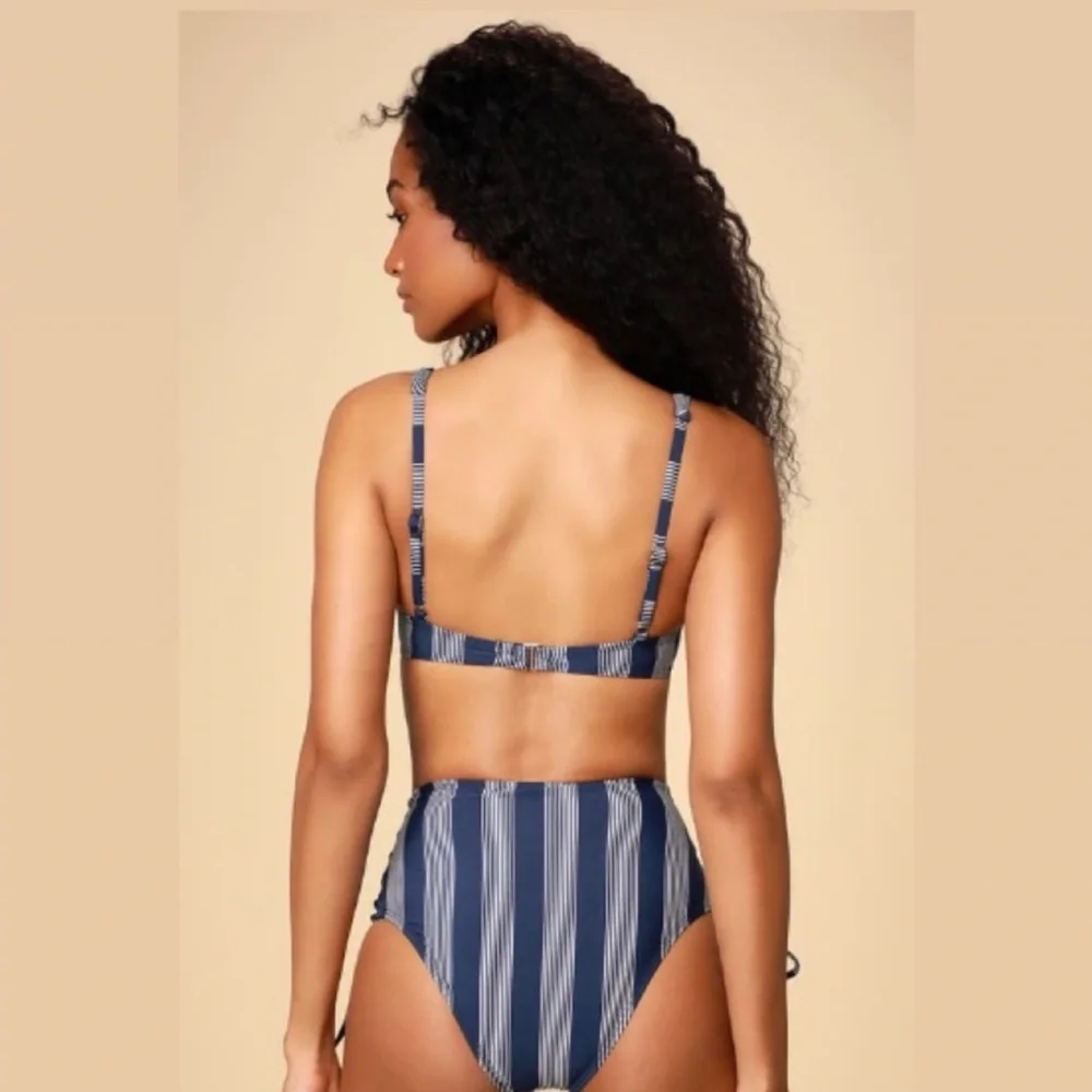 Lulus High Waist Bikini Set M NWT | Striped Blue Lace-Up Swimsuit 2-Piece - Picture 2 of 3
